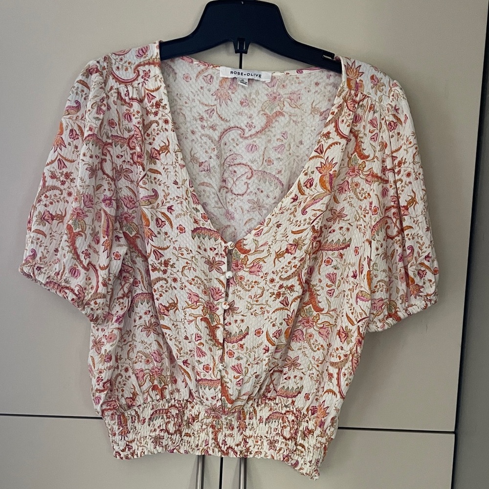 Rose + Olive, M,lovely lightweight fall Floral in fall tones. Euc.